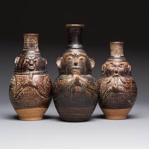 Three khmer-style brown-glazed anthropomorphic gourd-form bottles, probably 12/13th C. — photo 1