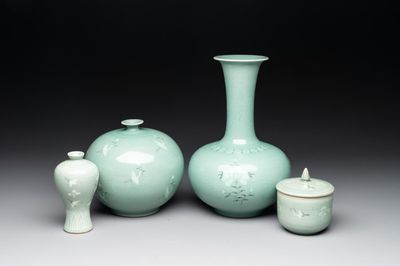 Three Korean celadon-glazed vases and a covered bowl, 20th C.