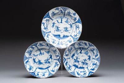 Three large Chinese blue and white 'hunting scene' deep dishes, Chenghua mark, Kangxi
