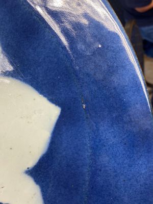 Three large Chinese blue, white and copper-red powder-blue-ground dishes with floral design, Kangxi — photo 12