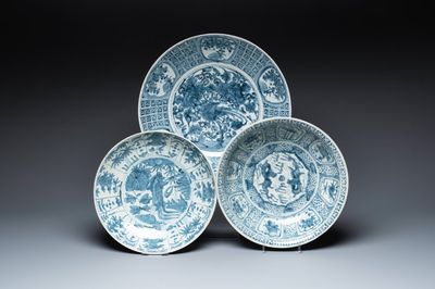 Three large Chinese Swatow blue and white dishes, Ming