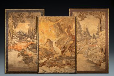 Three large Japanese silk embroideries with landscapes, Meiji, 19th C.