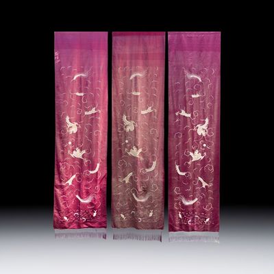 Three large Vietnamese purple-ground embroidered silk 'Dragons among Clouds' panels, 19th C.