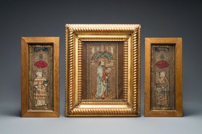 Three linen, silk- and silverthread orphrey fragments depicting Saint Agricola of Bologna, Saint Leonard and Saint Thomas, early 16th C.