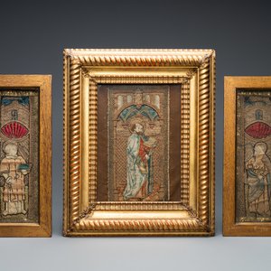 Three linen, silk- and silverthread orphrey fragments depicting Saint Agricola of Bologna, Saint Leonard and Saint Thomas, early 16th C. — photo 1