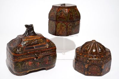 Three painted papier mache boxes, prob. India, 19th C.