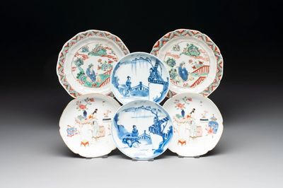 Three pairs of Chinese blue and white, famille rose and wucai saucers and plates, Tianqi and later