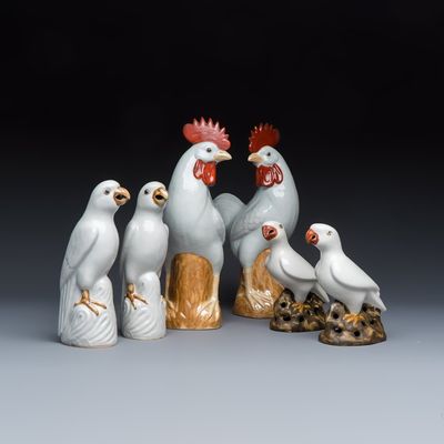 Three pairs of Chinese white-glazed birds, Jin Sheng Sheng Zao 金生盛造 marks, 20th C.