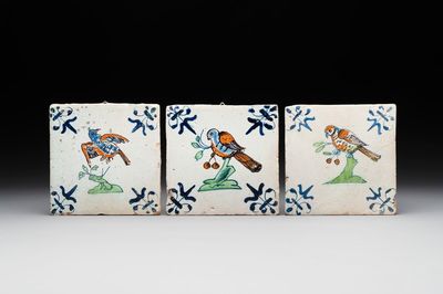 Three polychrome Dutch Delft 'bird' tiles, 17th C.