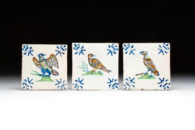 Three polychrome Dutch Delft 'bird' tiles, 17th C.