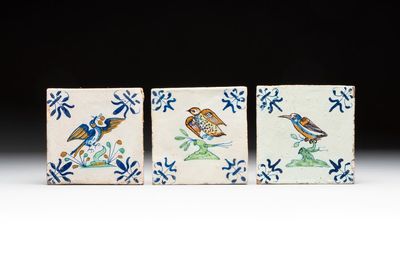 Three polychrome Dutch Delft 'bird' tiles, 17th C.
