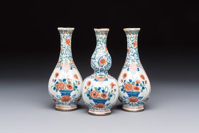 Three polychrome Dutch Delft cashmere palette bottle vases, first quarter 18th C.