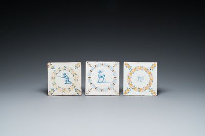 Three polychrome Dutch Delft medallion tiles, Haarlem, 17th C.