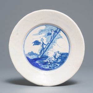 Three polychrome Dutch maiolica plates and an early blue and white Delft biblical plate, 17th C. — 照片 8