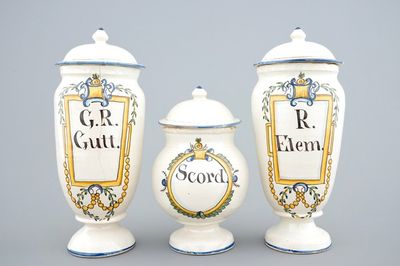 Three polychrome pharmacy jars with covers, Haguenau, France, 18th C.