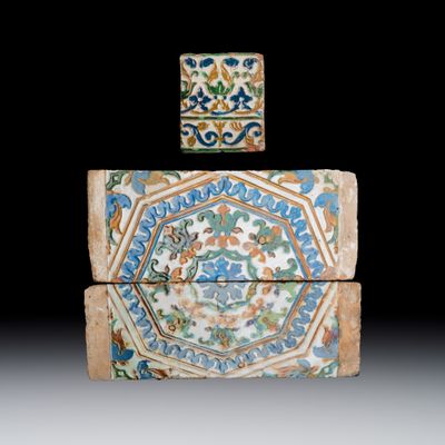 Three polychrome Spanish arista tiles, 16th C.