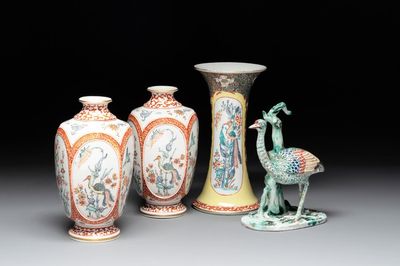 Three porcelain Kakiemon-style vases and a sculpture of a crane, France, Chantilly, 18/19th C.