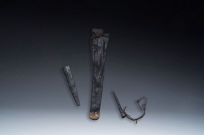 Three scabbards for daggers in leather with copper and pewter mounts, Low Countries, 14/15th C.