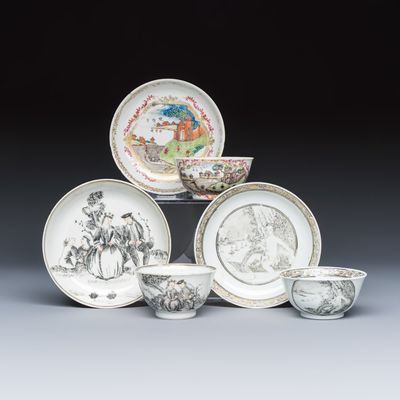 Three sets of Chinese export famille rose and grisaille 'European Subject' tea bowls and saucers, Qianlong