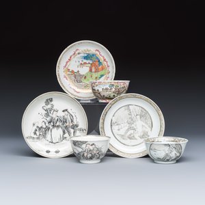 Three sets of Chinese export famille rose and grisaille 'European Subject' tea bowls and saucers — foto 1