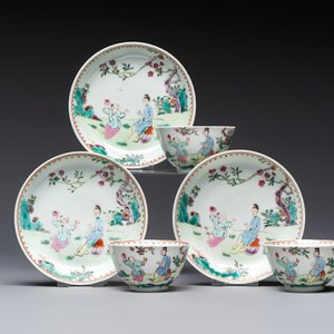 Three sets of Chinese famille rose 'Elegant Beauty and Boy' cups and saucers, Qianlong — photo 1