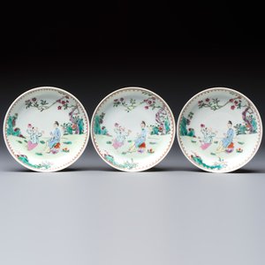 Three sets of Chinese famille rose 'Elegant Beauty and Boy' cups and saucers, Qianlong — photo 2