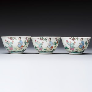 Three sets of Chinese famille rose 'Elegant Beauty and Boy' cups and saucers, Qianlong — photo 4