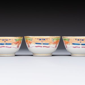 Three sets of Chinese famille rose gilt-decorated 'Bird among Flowering Branches' cups and saucers, 19th C. — 照片 7