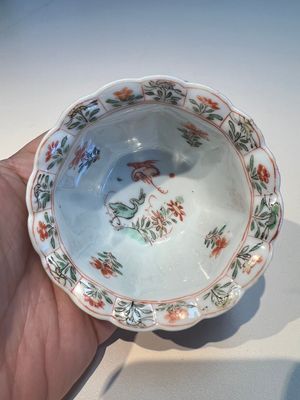 Three sets of Chinese famille verte cups and saucers with birds and flowers, various marks, Kangxi — photo 12