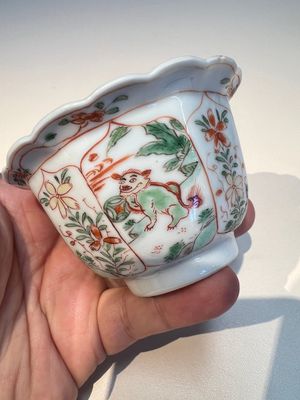 Three sets of Chinese famille verte cups and saucers with birds and flowers, various marks, Kangxi — photo 13