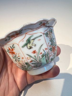 Three sets of Chinese famille verte cups and saucers with birds and flowers, various marks, Kangxi — photo 14