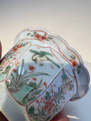 Three sets of Chinese famille verte cups and saucers with birds and flowers, various marks, Kangxi — photo 18