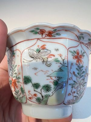 Three sets of Chinese famille verte cups and saucers with birds and flowers, various marks, Kangxi — photo 19