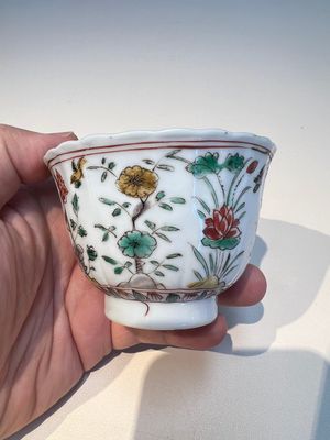Three sets of Chinese famille verte cups and saucers with birds and flowers, various marks, Kangxi — photo 24