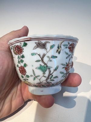 Three sets of Chinese famille verte cups and saucers with birds and flowers, various marks, Kangxi — photo 26