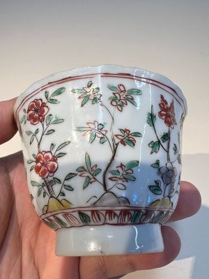Three sets of Chinese famille verte cups and saucers with birds and flowers, various marks, Kangxi — photo 28