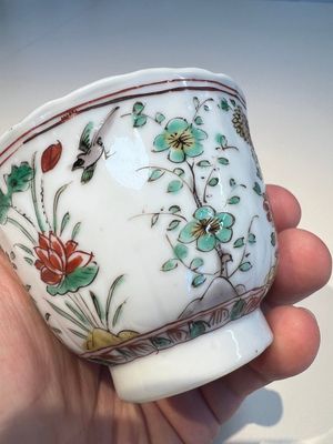 Three sets of Chinese famille verte cups and saucers with birds and flowers, various marks, Kangxi — photo 29