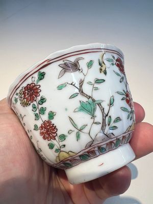 Three sets of Chinese famille verte cups and saucers with birds and flowers, various marks, Kangxi — photo 30