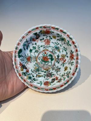Three sets of Chinese famille verte cups and saucers with birds and flowers, various marks, Kangxi — photo 32