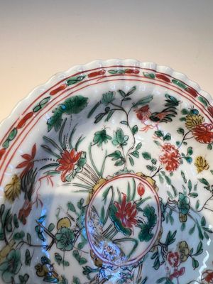 Three sets of Chinese famille verte cups and saucers with birds and flowers, various marks, Kangxi — photo 36