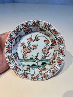 Three sets of Chinese famille verte cups and saucers with birds and flowers, various marks, Kangxi — photo 38