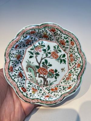 Three sets of Chinese famille verte cups and saucers with birds and flowers, various marks, Kangxi — photo 45