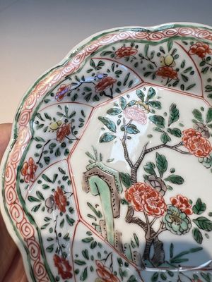 Three sets of Chinese famille verte cups and saucers with birds and flowers, various marks, Kangxi — photo 48
