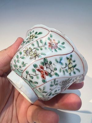 Three sets of Chinese famille verte cups and saucers with birds and flowers, various marks, Kangxi — photo 5