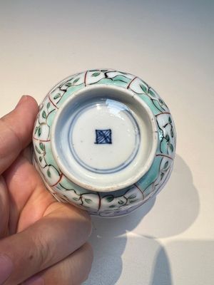 Three sets of Chinese famille verte cups and saucers with birds and flowers, various marks, Kangxi — photo 6