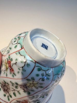 Three sets of Chinese famille verte cups and saucers with birds and flowers, various marks, Kangxi — photo 7