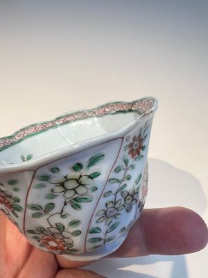 Three sets of Chinese famille verte cups and saucers with birds and flowers, various marks, Kangxi — photo 8