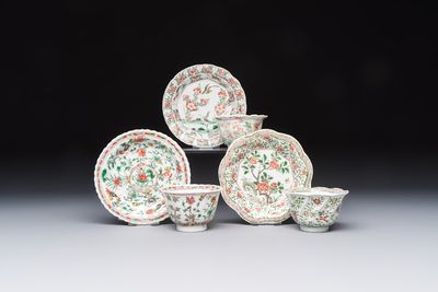 Three sets of Chinese famille verte cups and saucers with birds and flowers, various marks, Kangxi