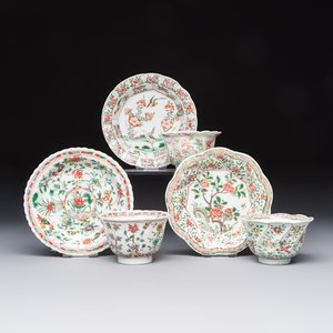 Three sets of Chinese famille verte cups and saucers with birds and flowers, various marks, Kangxi — photo 1