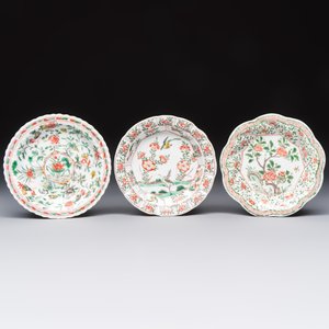Three sets of Chinese famille verte cups and saucers with birds and flowers, various marks, Kangxi — photo 2